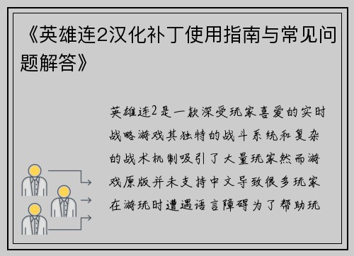《英雄连2汉化补丁使用指南与常见问题解答》