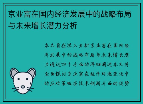 京业富在国内经济发展中的战略布局与未来增长潜力分析