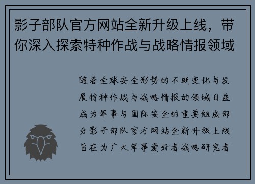 影子部队官方网站全新升级上线，带你深入探索特种作战与战略情报领域